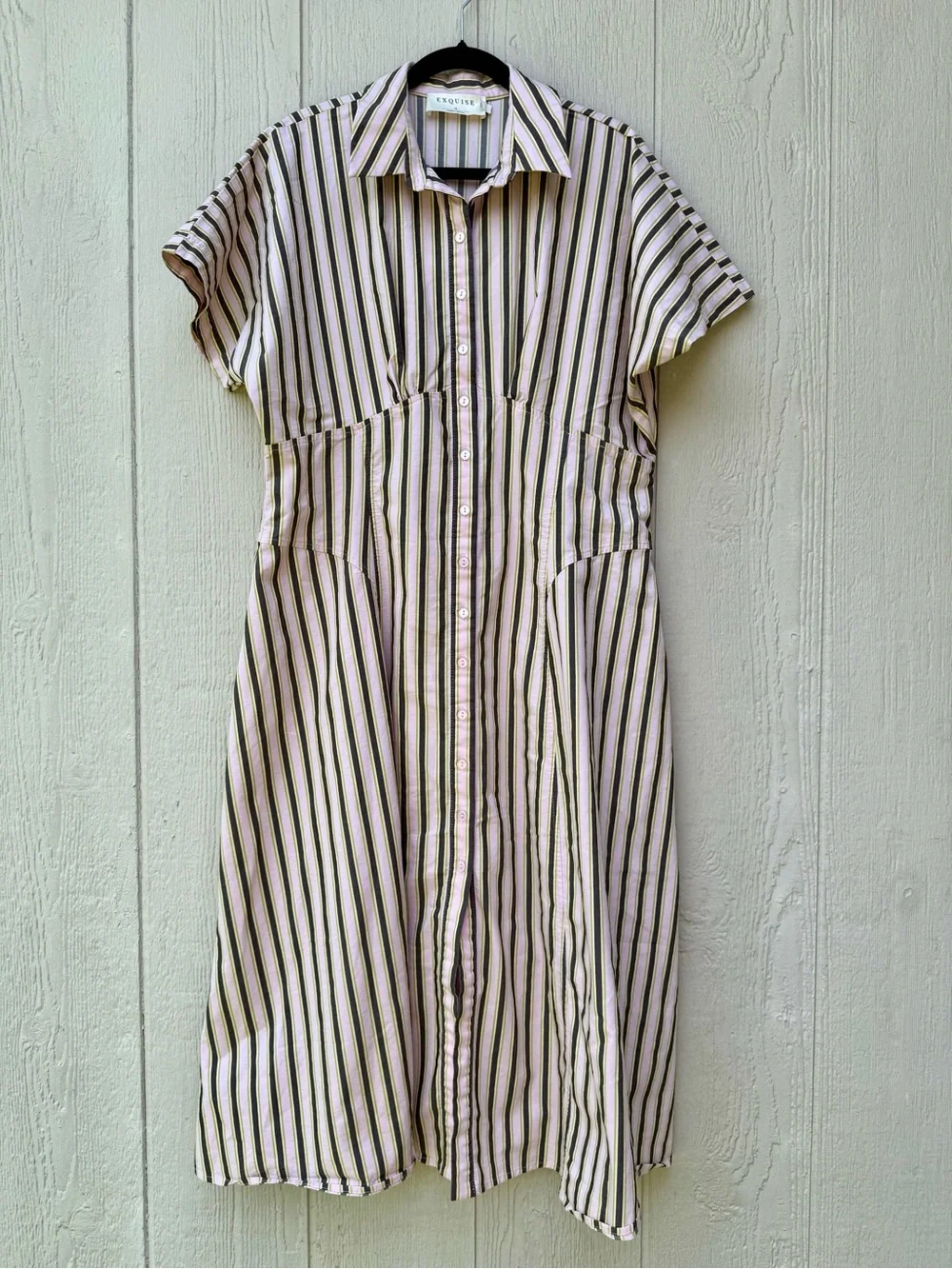 Anthropologie Cream Midi Shirt Dress with Green and Black Stripes - Picture 2 of 6